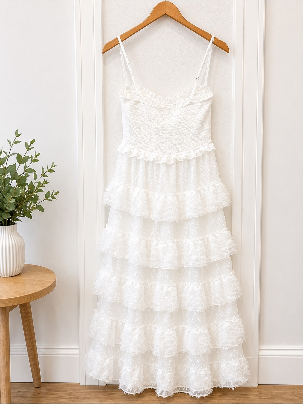 White Tiered Ruffle Maxi Dress Feather Trim Smocked Boho Cottagecore Large NWOT - Picture 2 of 4